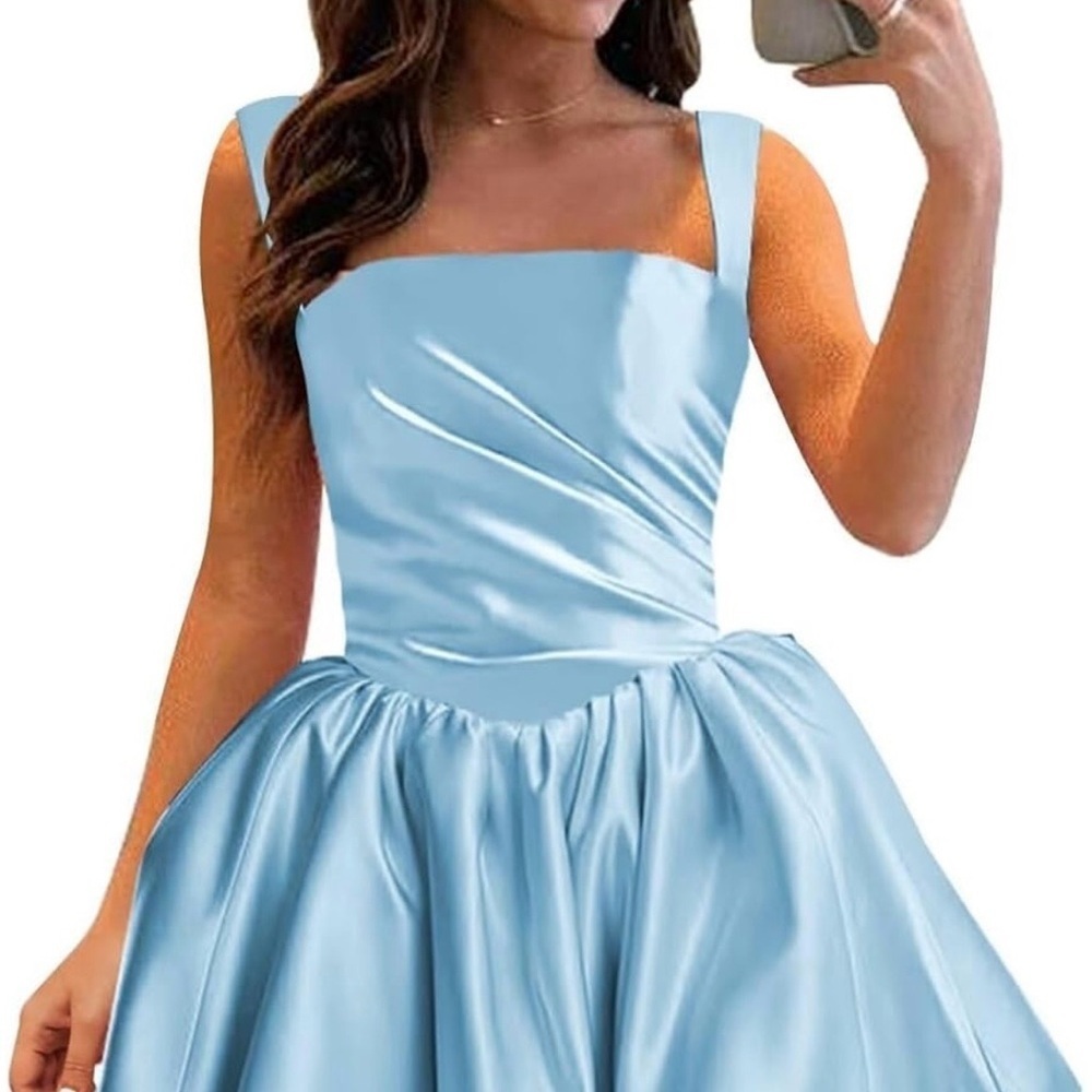 Satin Short Homecoming Dress for Teens Spaghetti Straps Prom Dress Puffy Mini 4